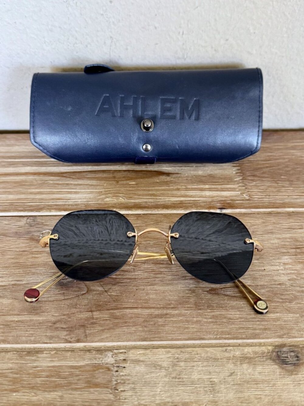 AHLEM Made In France Place Rodin Rose Gold Rimless Blue Tint Sunglasses W/ Case